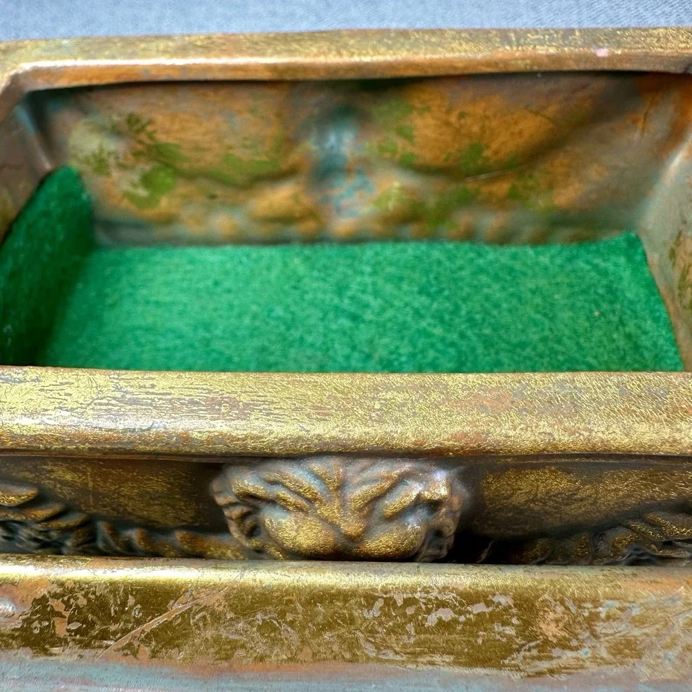 Vintage Gilt Ceramic Lion Trinket Jewelry Box Green Felt Renaissance Revival